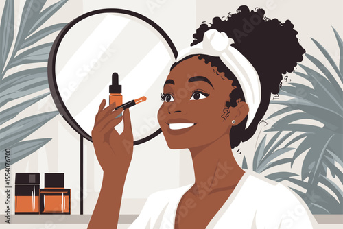 African woman applying niacinamide serum with dropper while smiling at mirror vector illustration