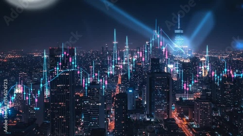 Nighttime city skyline with digital stock market overlay