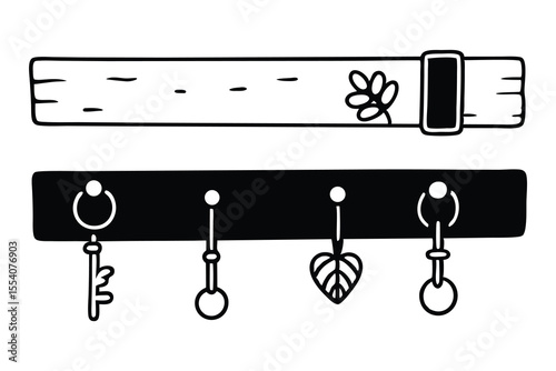 Hand-drawn key holders in black and white illustration featuring decorative elements with artistic design.
