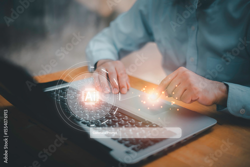 AI assistant dashboard interface with hands typing on laptop and virtual command prompt, representing artificial intelligence tools, smart assistant system, and digital automation solutions.