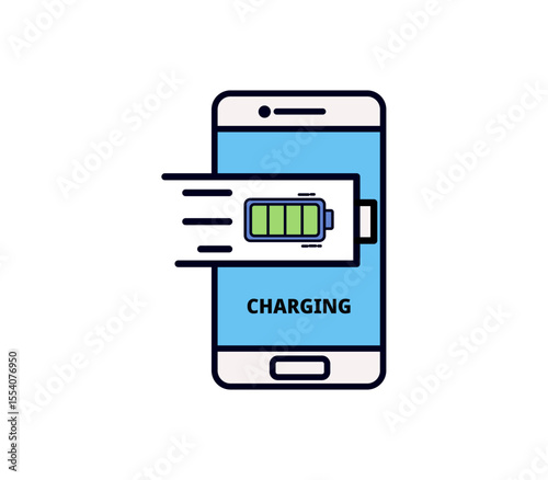 Flat vector of smartphone with fast-charging battery indicator. Perfect for UI/UX, tech tutorial, mobile apps, and energy-saving content.
