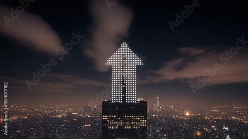 Night skyline view with illuminated arrow on skyscraper rooftop