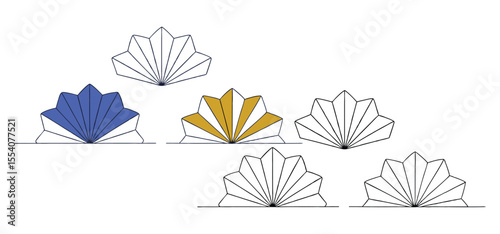Simple and decorative vector illustrations of japanese fans in different colors and outlines on white background