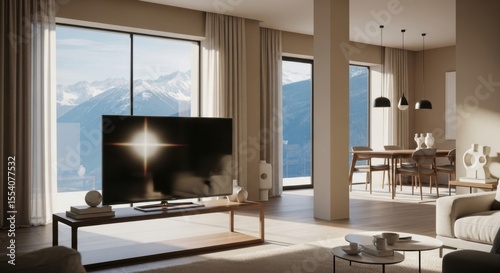 Luxury Mountain View Living Room with Modern Entertainment Center and Dining Area