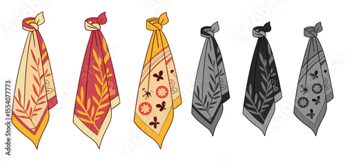 Six hanging fashionable square scarves in various colors and designs with floral and butterfly patterns illustrated
