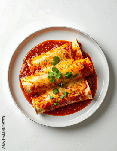Photorealistic top-down view of Enchiladas on a minimalist plate.