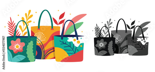Stylish tote bags with floral and nature inspired designs are perfect for shopping and sustainable lifestyle choices.