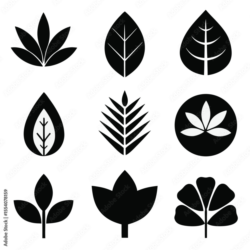 Fototapeta premium set of vector leaves black silhouette icon
