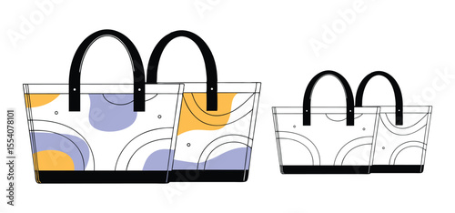 Stylish tote bags with geometric design in multiple sizes arranged on a white background graphic illustration