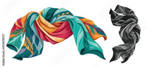 Two intricately designed silk scarves with floral patterns in vibrant colors and a monochrome version showcased on white background