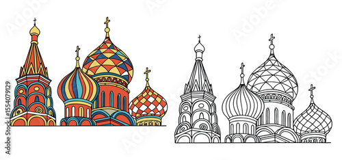 Vector illustration of saint basils cathedral in color and outline for cultural designs and concepts.