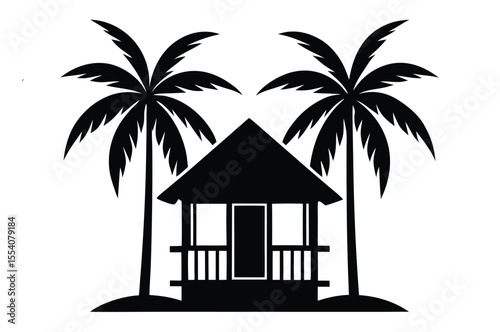 A silhouetted palm tree stands beside a beach house against a vibrant tropical sunset over the ocean