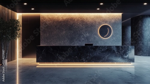Modern reception desk with dark marble and warm lighting