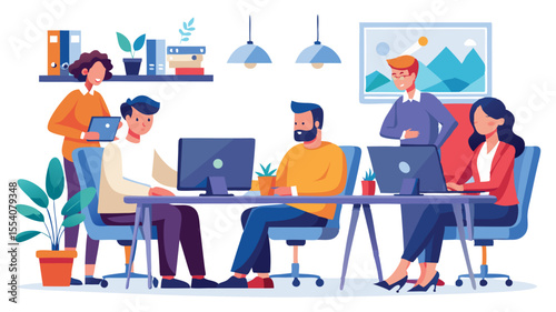group office workers work office or coworking, team work in office vector illustration
