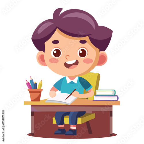 kid study on desk and feel happy vector illustration