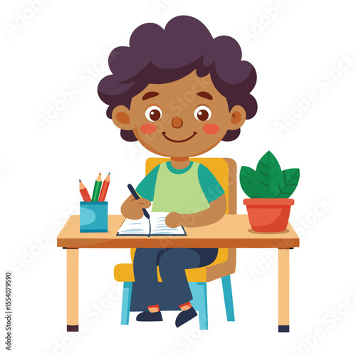 little kid study on desk and feel happy vector illustration