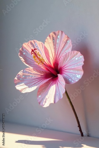 A Delicate Pink Hibiscus Blossom with Glimmering Petals, Illuminated by Gentle Sunlight, Casts a Shadow on a Simple Surface