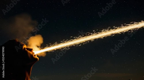 Person exhaling smoke against a starry night sky