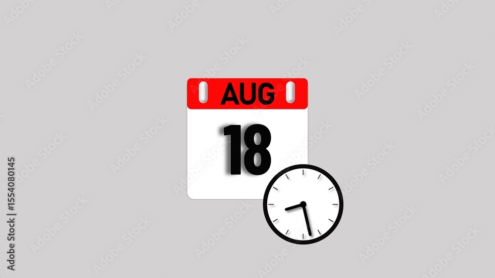 August month 18 date's calendar icon illustration. Analog clock with calendar design month concept background 4k illustration. August month 18 date's calendar icon illustration. Analog clock with calendar design month concept background 4k illustration.