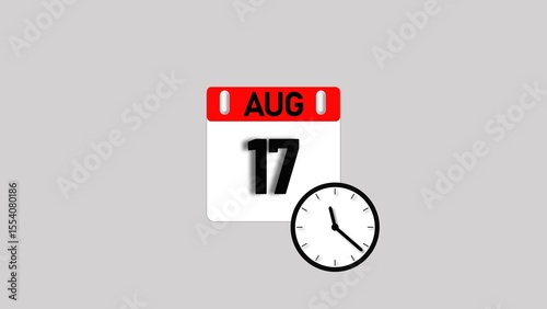 August month 17 date's calendar icon illustration. Analog clock with calendar design month concept background 4k illustration.