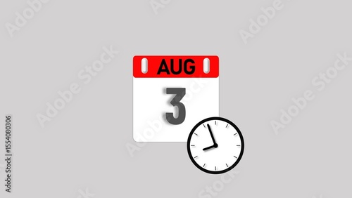 August month 3 date's calendar icon illustration. Analog clock with calendar design month concept background 4k illustration.
