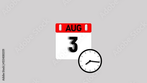 August month 3 date's calendar icon illustration. Analog clock with calendar design month concept background 4k illustration.
