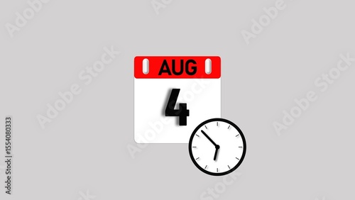 August month 4 date's calendar icon illustration. Analog clock with calendar design month concept background 4k illustration.