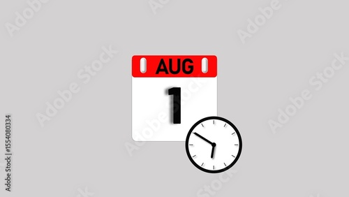 August month 1 date calendar icon illustration. Analog clock with calendar design month concept background 4k illustration.