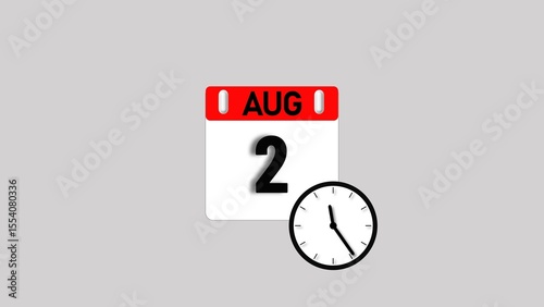 August month 2 date's calendar icon illustration. Analog clock with calendar design month concept background 4k illustration.