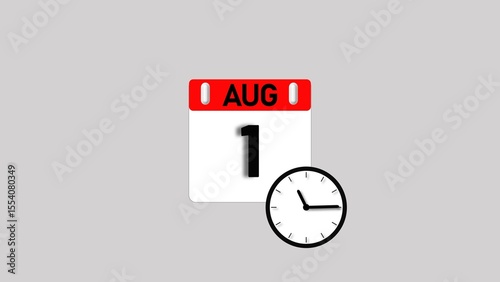 August month 1 date calendar icon illustration. Analog clock with calendar design month concept background 4k illustration.