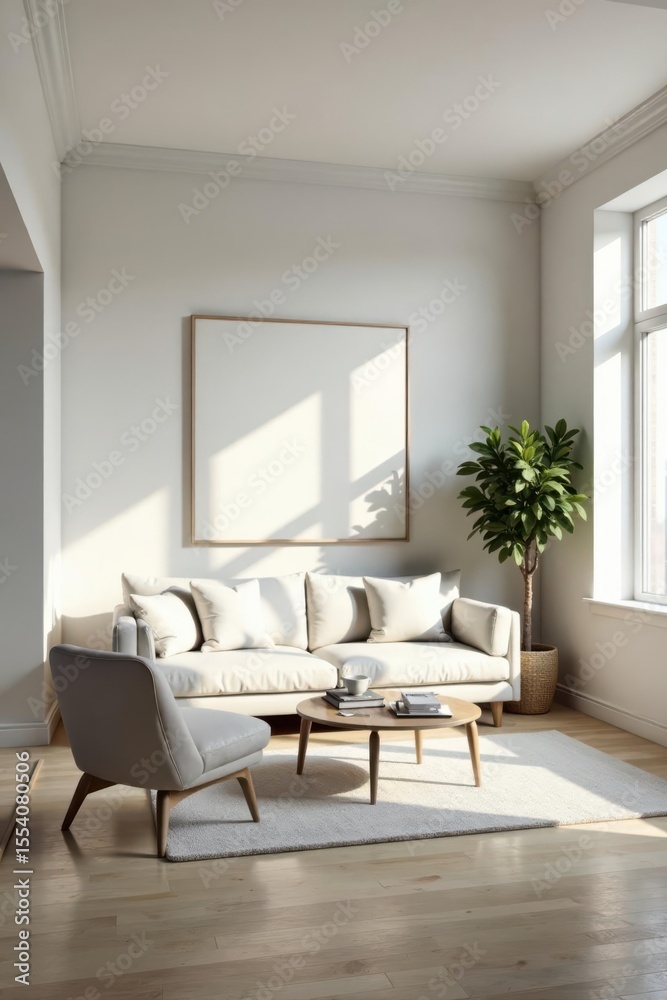 Serene Minimalist Living Room Design with Large Blank Canvas, Soft Light, and Wooden Accents Serene Minimalist Living Room Design with Large Blank Canvas, Soft Light, and Wooden Accents