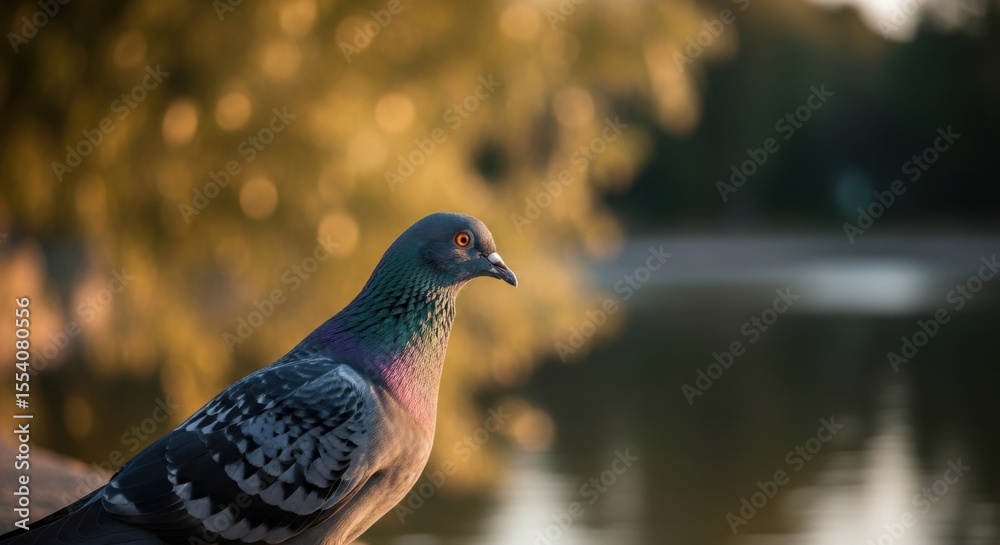 Obraz premium A Pigeon Stands By A Lake With Trees In The Background During Sunset