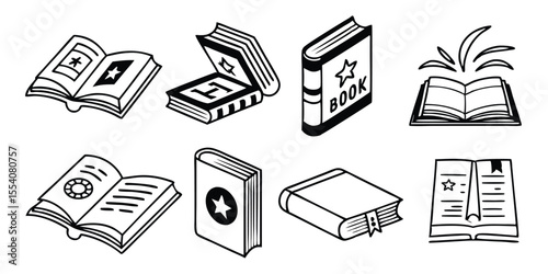 Minimalist Book Icon Set – Open, Closed, and Stacked Books in Silhouette