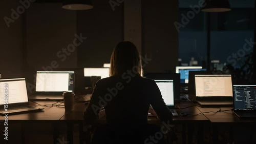 Person working late at a desk surrounded by glowing screens