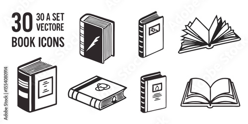 Minimalist Book Icon Set – Open, Closed, and Stacked Books in Silhouette