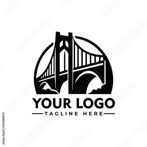 Silhouette logo design featuring a bridge connecting two city skylines, with space for a logo and tagline below.