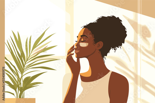 African woman applying sunscreen to face in bright morning light, plant on windowsill, natural setting vector illustration