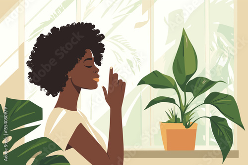 African woman applying sunscreen to face in bright morning light, plant on windowsill, natural setting vector illustration