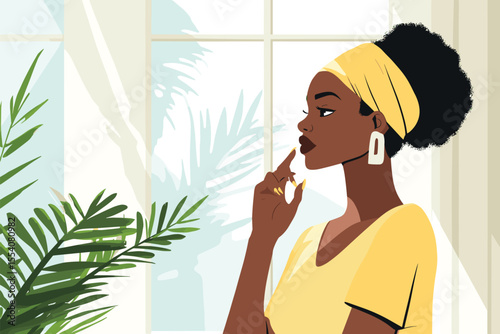African woman applying sunscreen to face in bright morning light, plant on windowsill, natural setting vector illustration