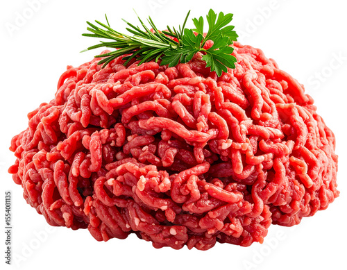 Raw Minced Meat Pile with Fresh Herbs, isolated on transparent background PNG