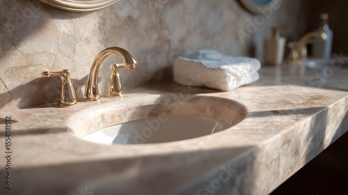 Elegant interior design of a bathroom sink with light marble countertop, enhanced by soft natural lighting aesthetics.