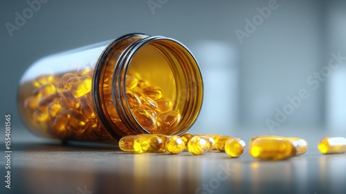 Close-up of an overturned amber glass bottle spilling yellow softgel capsules on a wooden surface with a blurred background