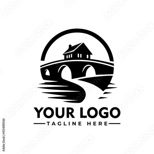 A stylized black and white logo depicting a bridge over water with a road leading to it.