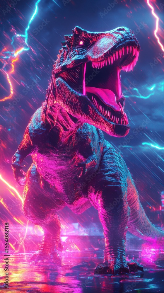 Obraz premium Vivid T-Rex in a Stormy Neon Landscape with Lightning Effects
