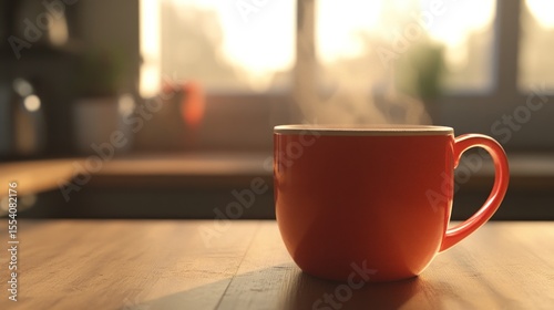 Orange mug on wooden table, morning light