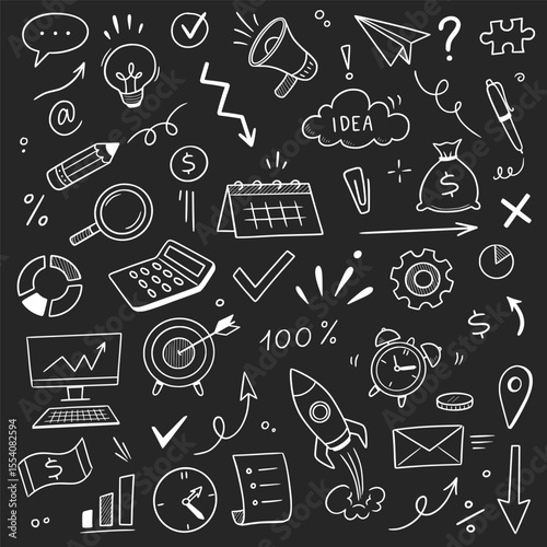 Chalk business board sketch icon set. Hand drawn chalkboard frame, bulb, puzzle and arrow for plan marketing idea. Business chart, pencil drawing, office success and internet. Vector illustration