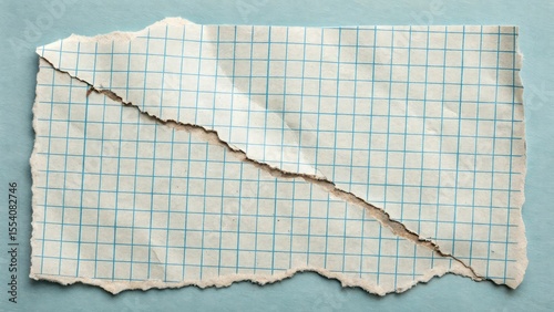 Torn fragment of blue grid paper on a light blue textured background