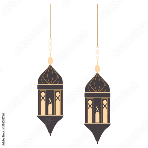 2D illustration of two traditional hanging lanterns with ornate domes in dark gold tones, commonly used during Ramadan or Eid.