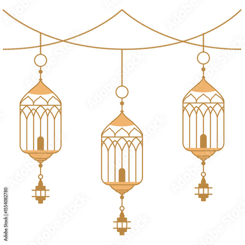 2D illustration of four matching golden lanterns hanging side by side from elegant lines, perfect for festive Islamic graphic decoration.