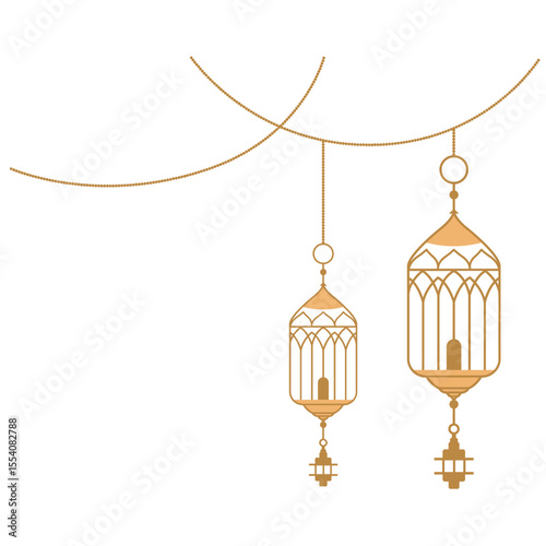 2D illustration of three hanging golden lanterns suspended on curved lines, commonly used in Islamic celebration and Ramadan design.